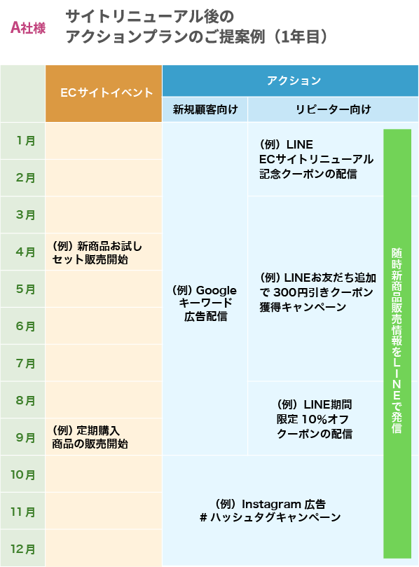 A社様 サイトリニューアル目標数値とアクションプランのご提案例（1年目）